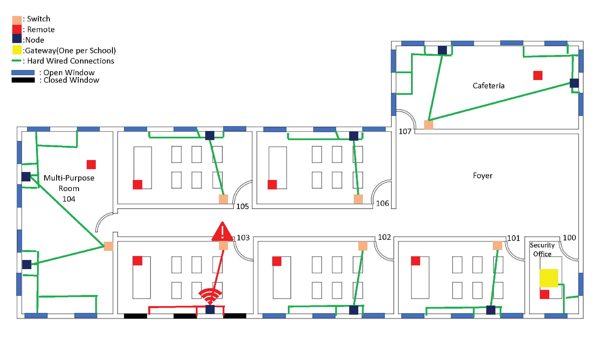 Top view map showing alert triggered in school building 